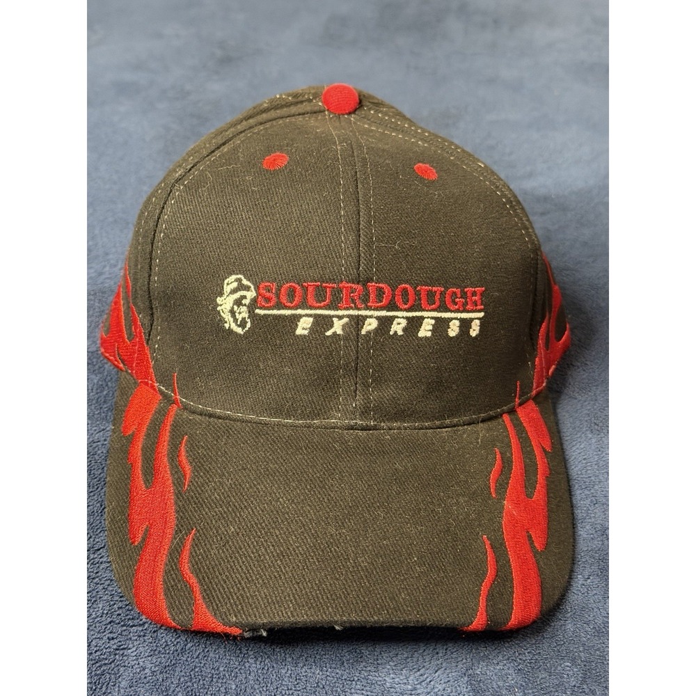 90s Vtg Otto Baseball Strapback Hat Sourdough Express Black Red Flames 58-575